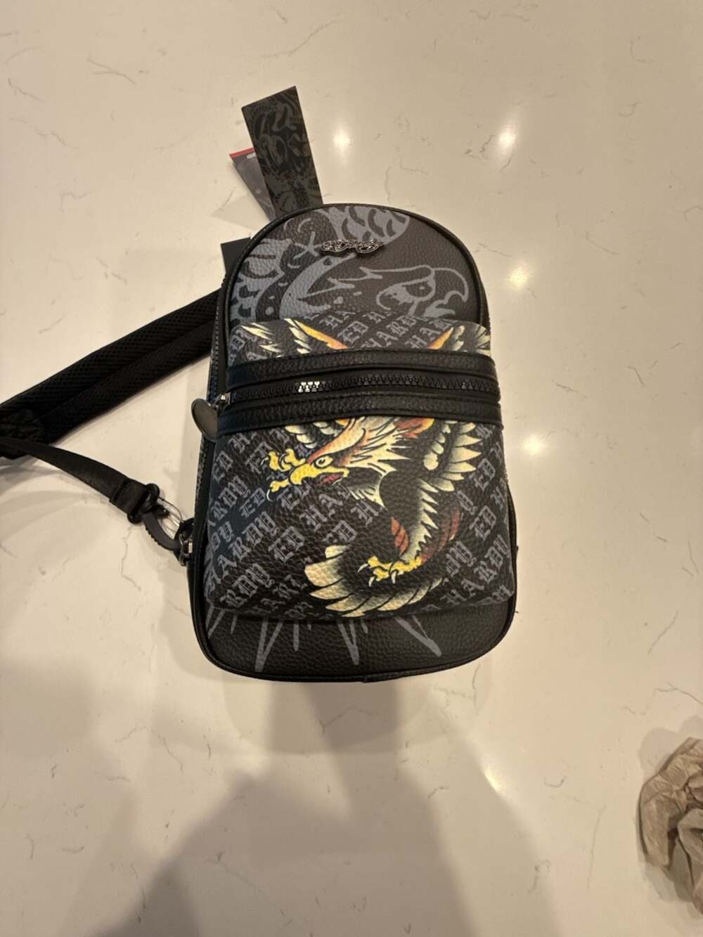 Ed Hardy Eagle Tattoo Monogram Sling Bag Crossbody Backpack Black Y2K